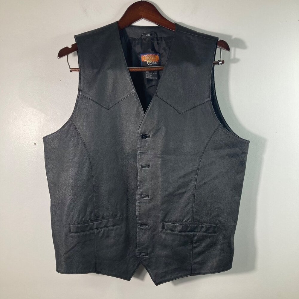 Mens Cripple Creek Leather Western Vest L Black Button Front Leather Nylon Lined